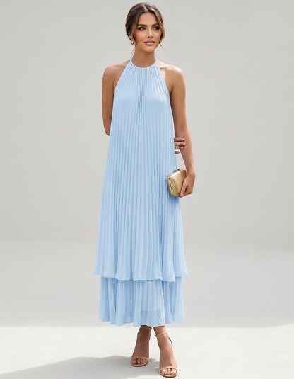 Pleated Chiffon Sleeveless Halter Neck A-Line Midi Dress for Party, Cocktail, Evening, Wedding Guest & Summer Events, front v | SKU: SMD-582746193857421-LIGHTBLUE-L,SMD-582746193857421-LIGHTBLUE-M,SMD-582746193857421-LIGHTBLUE-S,SMD-582746193857421-LIGHTBLUE-XL,SMD-582746193857421-LIGHTBLUE-XS