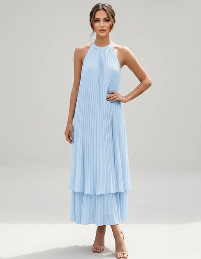 Pleated Chiffon Sleeveless Halter Neck A-Line Midi Dress for Party, Cocktail, Evening, Wedding Guest & Summer Events, front v | SKU: SMD-582746193857421-LIGHTBLUE-L,SMD-582746193857421-LIGHTBLUE-M,SMD-582746193857421-LIGHTBLUE-S,SMD-582746193857421-LIGHTBLUE-XL,SMD-582746193857421-LIGHTBLUE-XS