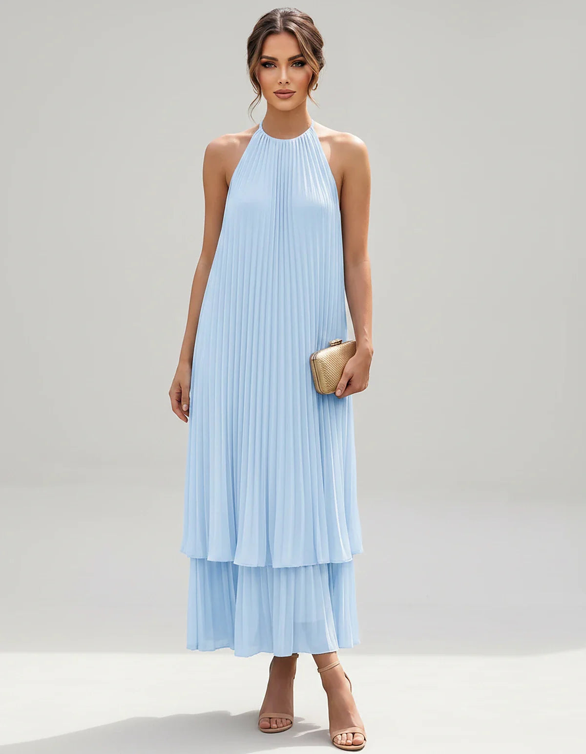 Pleated Chiffon Sleeveless Halter Neck A-Line Midi Dress for Party, Cocktail, Evening, Wedding Guest & Summer Events, front v | SKU: SMD-582746193857421-LIGHTBLUE-L,SMD-582746193857421-LIGHTBLUE-M,SMD-582746193857421-LIGHTBLUE-S,SMD-582746193857421-LIGHTBLUE-XL,SMD-582746193857421-LIGHTBLUE-XS