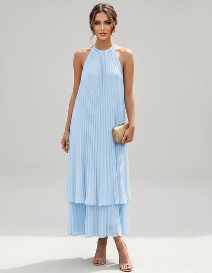 Pleated Chiffon Sleeveless Halter Neck A-Line Midi Dress for Party, Cocktail, Evening, Wedding Guest & Summer Events, front v | SKU: SMD-582746193857421-LIGHTBLUE-L,SMD-582746193857421-LIGHTBLUE-M,SMD-582746193857421-LIGHTBLUE-S,SMD-582746193857421-LIGHTBLUE-XL,SMD-582746193857421-LIGHTBLUE-XS