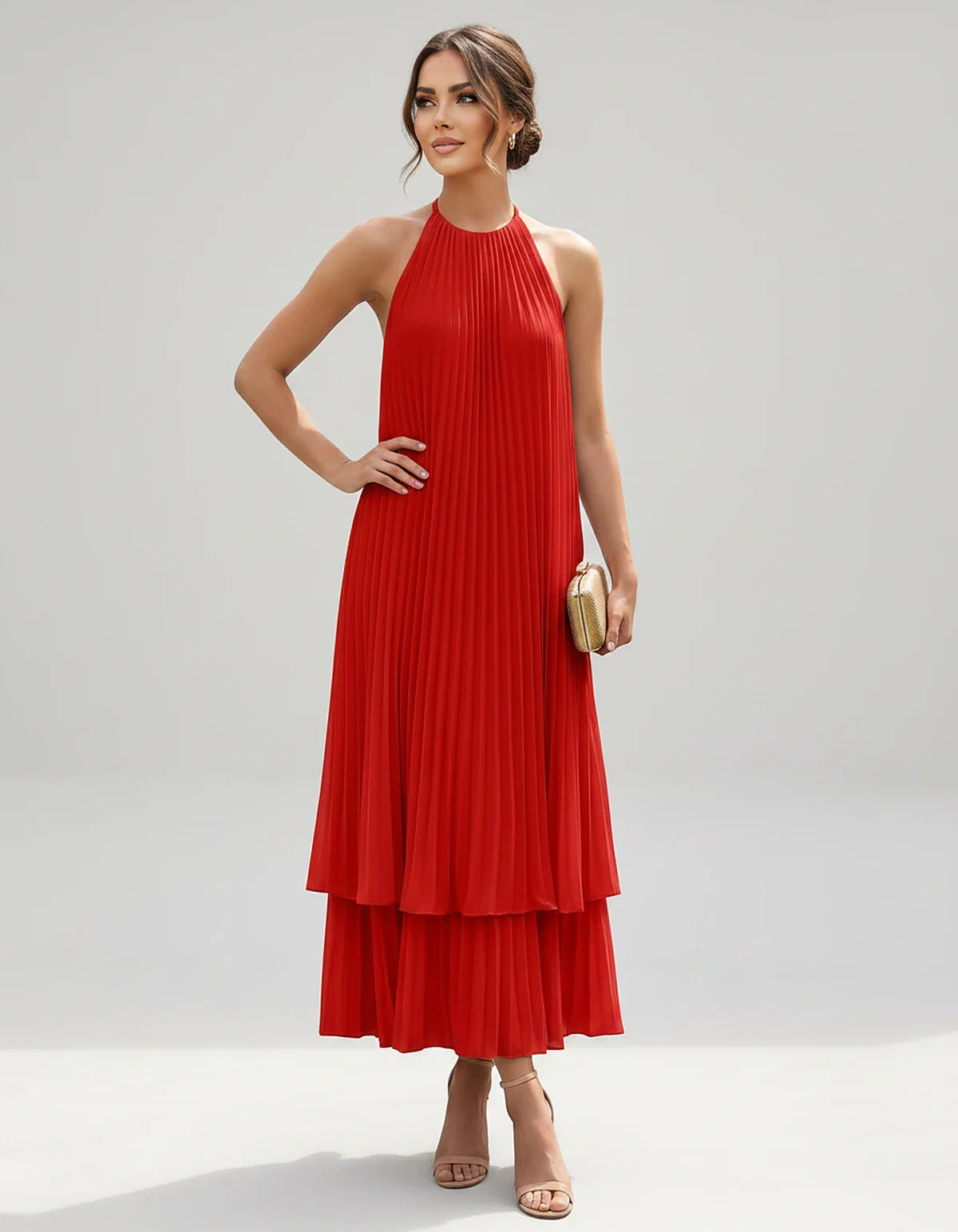Pleated Chiffon Sleeveless Halter Neck A-Line Midi Dress for Party, Cocktail, Evening, Wedding Guest & Summer Events, front v | SKU: SMD-582746193857421-RED-L,SMD-582746193857421-RED-M,SMD-582746193857421-RED-S,SMD-582746193857421-RED-XL,SMD-582746193857421-RED-XS