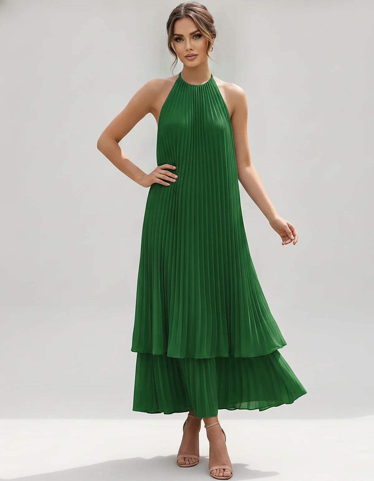 Pleated Chiffon Sleeveless Halter Neck A-Line Midi Dress for Party, Cocktail, Evening, Wedding Guest & Summer Events, front v | SKU: SMD-582746193857421-EMERALD-L,SMD-582746193857421-EMERALD-M,SMD-582746193857421-EMERALD-S,SMD-582746193857421-EMERALD-XL,SMD-582746193857421-EMERALD-XS