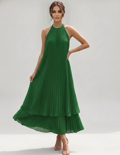 Pleated Chiffon Sleeveless Halter Neck A-Line Midi Dress for Party, Cocktail, Evening, Wedding Guest & Summer Events, front v | SKU: SMD-582746193857421-EMERALD-L,SMD-582746193857421-EMERALD-M,SMD-582746193857421-EMERALD-S,SMD-582746193857421-EMERALD-XL,SMD-582746193857421-EMERALD-XS