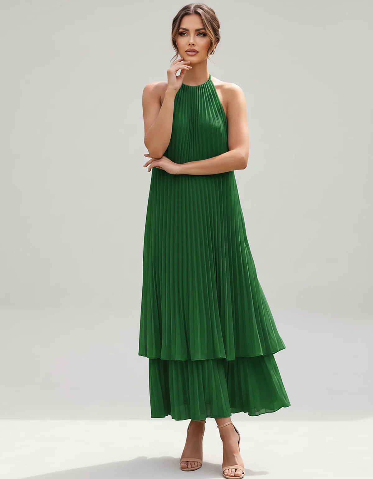 Pleated Chiffon Sleeveless Halter Neck A-Line Midi Dress for Party, Cocktail, Evening, Wedding Guest & Summer Events, front v | SKU: SMD-582746193857421-EMERALD-L,SMD-582746193857421-EMERALD-M,SMD-582746193857421-EMERALD-S,SMD-582746193857421-EMERALD-XL,SMD-582746193857421-EMERALD-XS