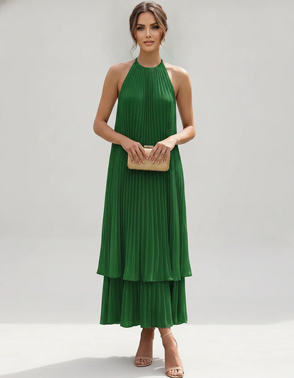 Pleated Chiffon Sleeveless Halter Neck A-Line Midi Dress for Party, Cocktail, Evening, Wedding Guest & Summer Events, front v | SKU: SMD-582746193857421-EMERALD-L,SMD-582746193857421-EMERALD-M,SMD-582746193857421-EMERALD-S,SMD-582746193857421-EMERALD-XL,SMD-582746193857421-EMERALD-XS
