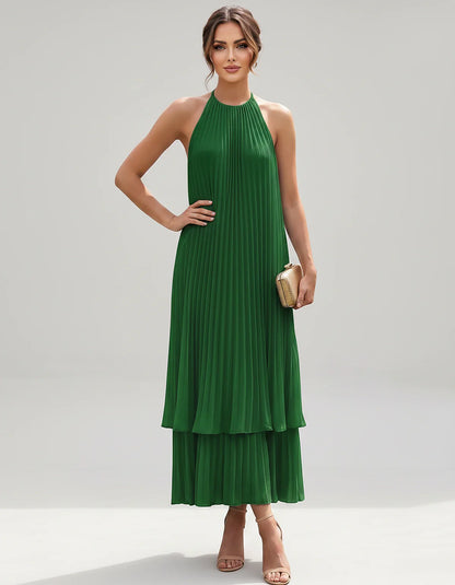 Pleated Chiffon Sleeveless Halter Neck A-Line Midi Dress for Party, Cocktail, Evening, Wedding Guest & Summer Events, front v | SKU: SMD-582746193857421-EMERALD-L,SMD-582746193857421-EMERALD-M,SMD-582746193857421-EMERALD-S,SMD-582746193857421-EMERALD-XL,SMD-582746193857421-EMERALD-XS