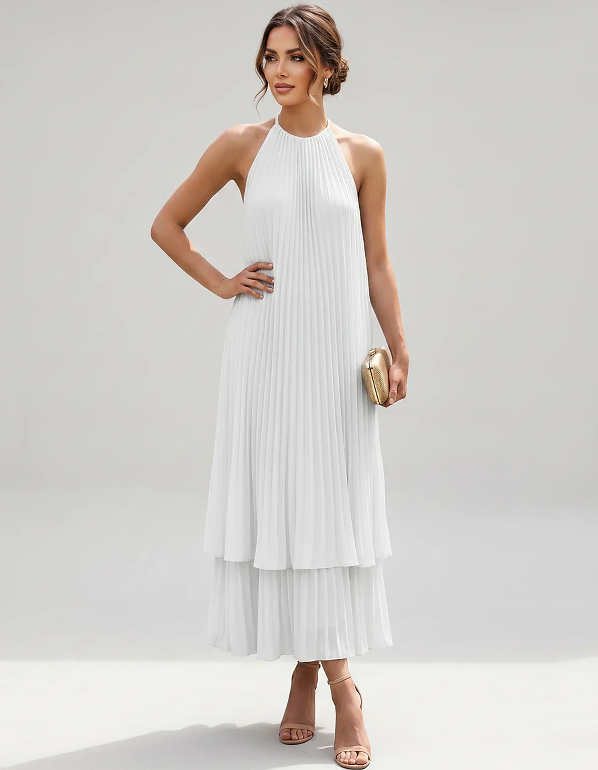 Pleated Chiffon Sleeveless Halter Neck A-Line Midi Dress for Party, Cocktail, Evening, Wedding Guest & Summer Events, front v | SKU: SMD-582746193857421-WHITE-L,SMD-582746193857421-WHITE-M,SMD-582746193857421-WHITE-S,SMD-582746193857421-WHITE-XL,SMD-582746193857421-WHITE-XS