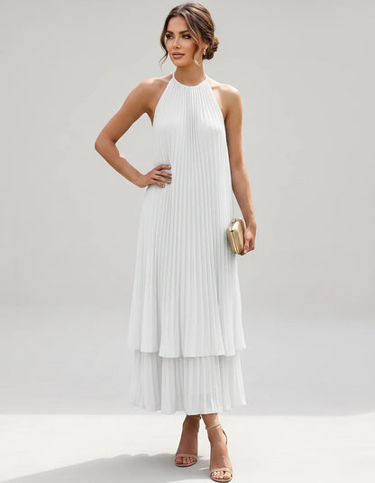 Pleated Chiffon Sleeveless Halter Neck A-Line Midi Dress for Party, Cocktail, Evening, Wedding Guest & Summer Events, front v | SKU: SMD-582746193857421-WHITE-L,SMD-582746193857421-WHITE-M,SMD-582746193857421-WHITE-S,SMD-582746193857421-WHITE-XL,SMD-582746193857421-WHITE-XS