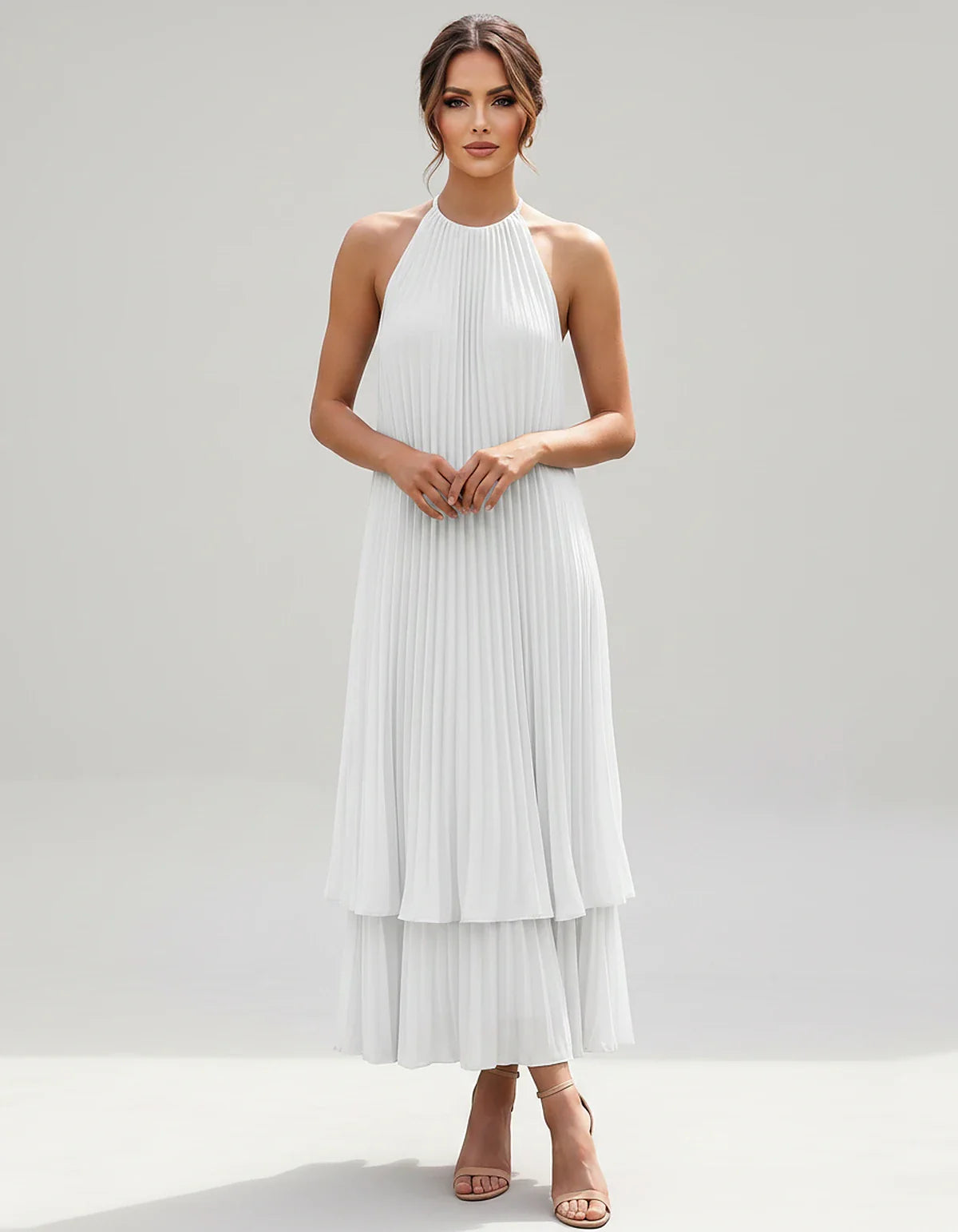 Pleated Chiffon Sleeveless Halter Neck A-Line Midi Dress for Party, Cocktail, Evening, Wedding Guest & Summer Events, front v | SKU: SMD-582746193857421-WHITE-L,SMD-582746193857421-WHITE-M,SMD-582746193857421-WHITE-S,SMD-582746193857421-WHITE-XL,SMD-582746193857421-WHITE-XS