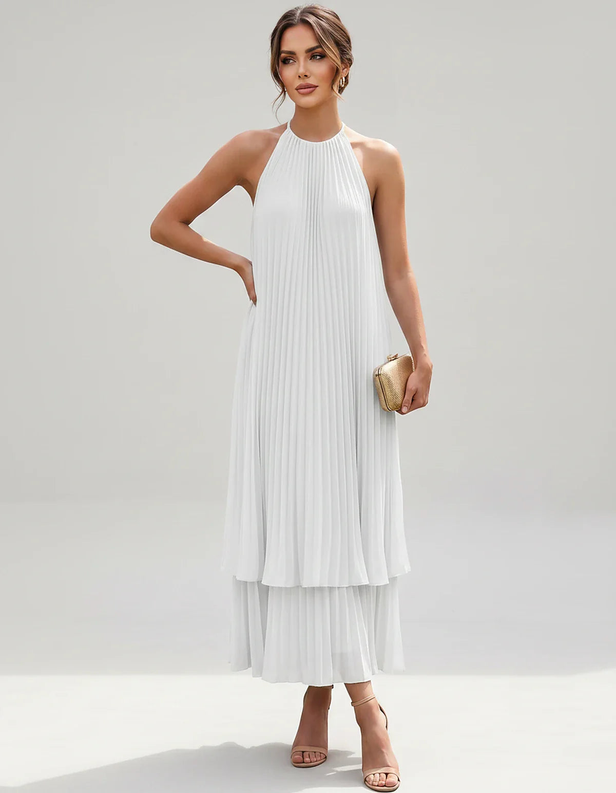 Pleated Chiffon Sleeveless Halter Neck A-Line Midi Dress for Party, Cocktail, Evening, Wedding Guest & Summer Events, front v | SKU: SMD-582746193857421-WHITE-L,SMD-582746193857421-WHITE-M,SMD-582746193857421-WHITE-S,SMD-582746193857421-WHITE-XL,SMD-582746193857421-WHITE-XS