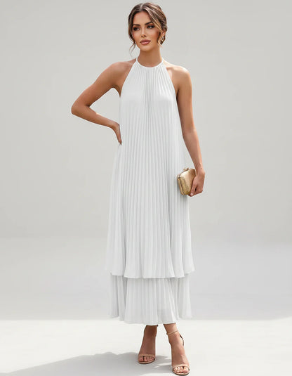 Pleated Chiffon Sleeveless Halter Neck A-Line Midi Dress for Party, Cocktail, Evening, Wedding Guest & Summer Events, front v | SKU: SMD-582746193857421-WHITE-L,SMD-582746193857421-WHITE-M,SMD-582746193857421-WHITE-S,SMD-582746193857421-WHITE-XL,SMD-582746193857421-WHITE-XS