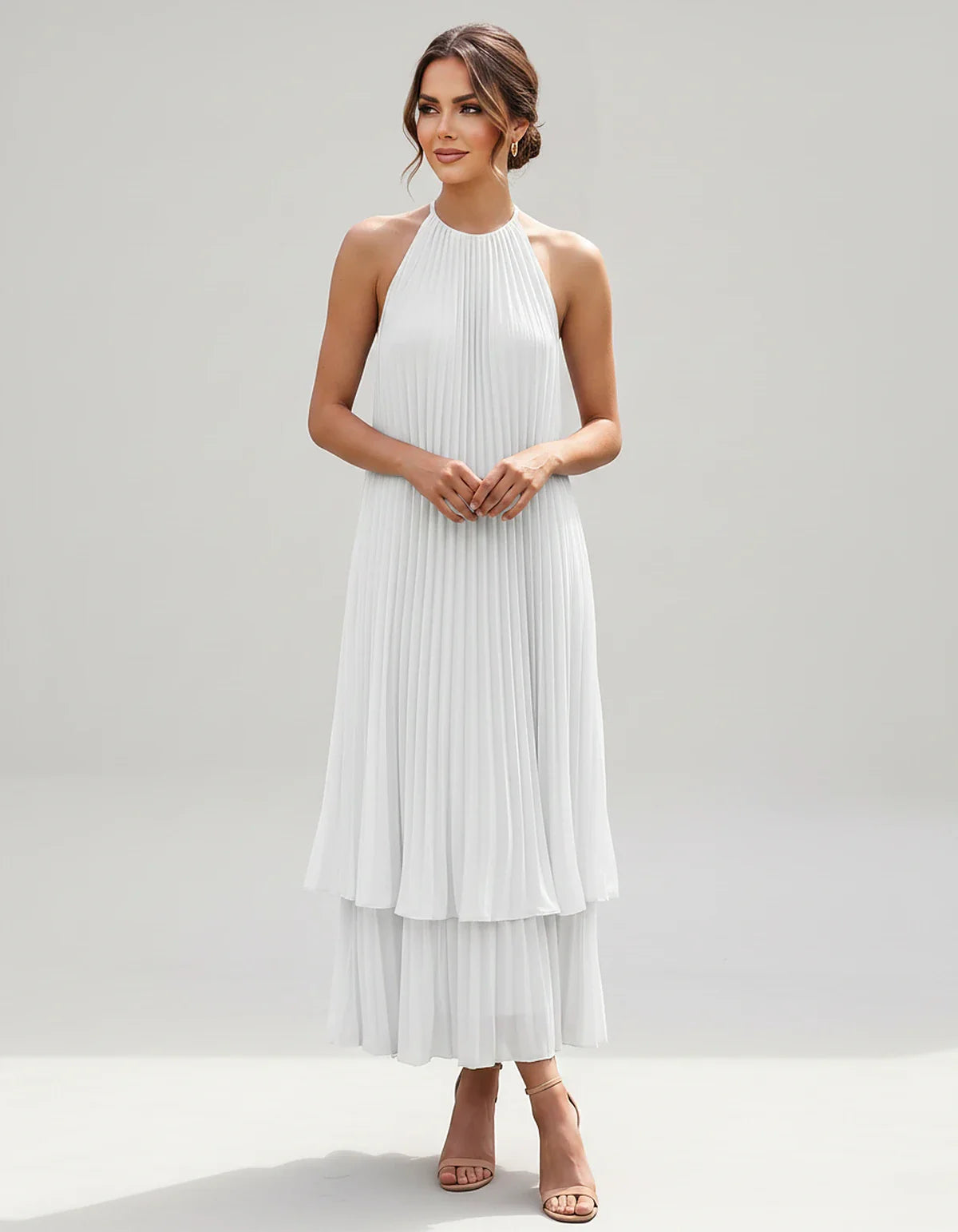 Pleated Chiffon Sleeveless Halter Neck A-Line Midi Dress for Party, Cocktail, Evening, Wedding Guest & Summer Events, front v | SKU: SMD-582746193857421-WHITE-L,SMD-582746193857421-WHITE-M,SMD-582746193857421-WHITE-S,SMD-582746193857421-WHITE-XL,SMD-582746193857421-WHITE-XS