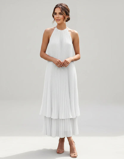 Pleated Chiffon Sleeveless Halter Neck A-Line Midi Dress for Party, Cocktail, Evening, Wedding Guest & Summer Events, front v | SKU: SMD-582746193857421-WHITE-L,SMD-582746193857421-WHITE-M,SMD-582746193857421-WHITE-S,SMD-582746193857421-WHITE-XL,SMD-582746193857421-WHITE-XS