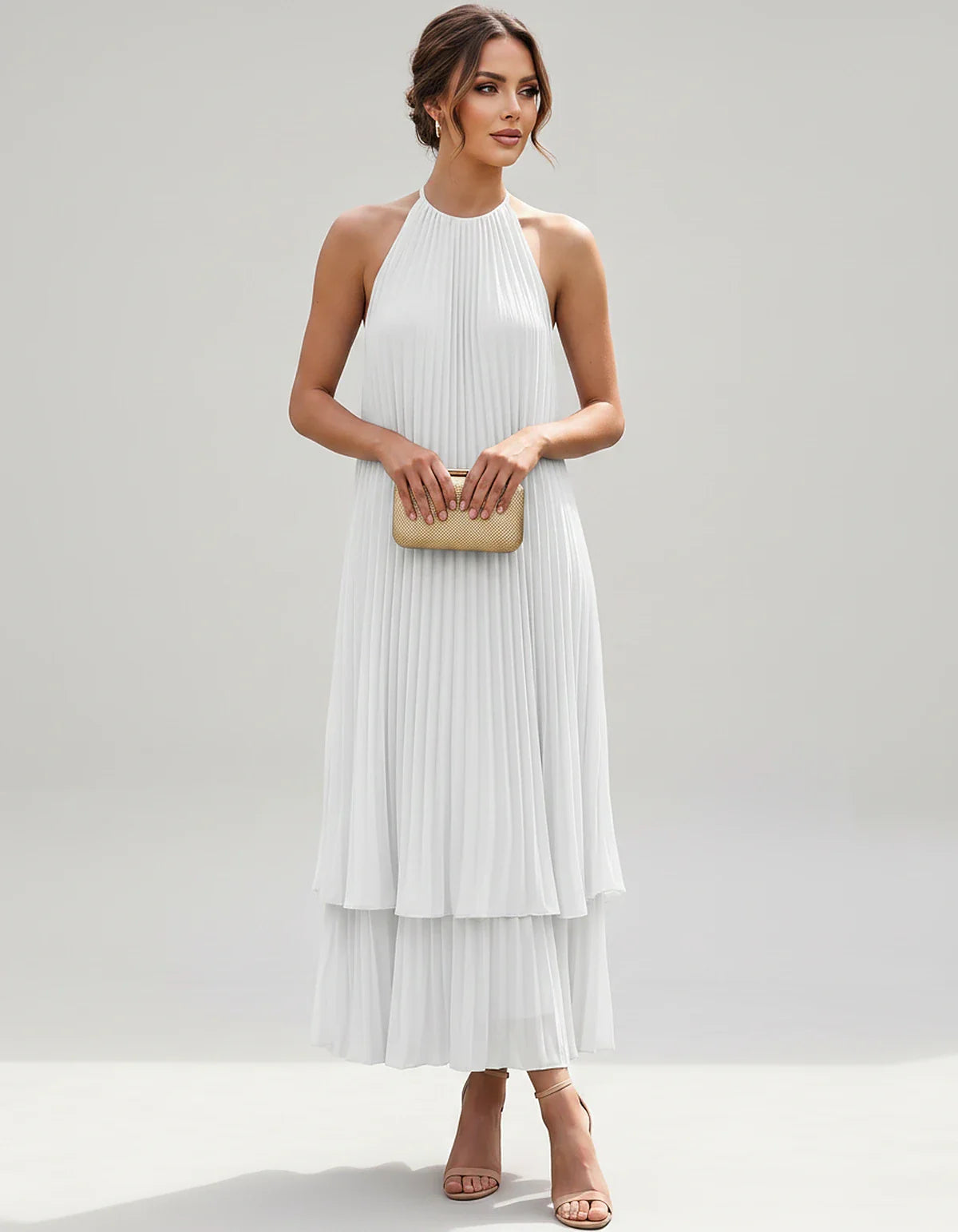 Pleated Chiffon Sleeveless Halter Neck A-Line Midi Dress for Party, Cocktail, Evening, Wedding Guest & Summer Events, front v | SKU: SMD-582746193857421-WHITE-L,SMD-582746193857421-WHITE-M,SMD-582746193857421-WHITE-S,SMD-582746193857421-WHITE-XL,SMD-582746193857421-WHITE-XS