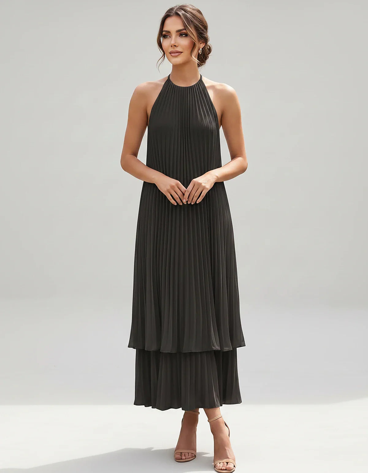 Pleated Chiffon Sleeveless Halter Neck A-Line Midi Dress for Party, Cocktail, Evening, Wedding Guest & Summer Events, front v | SKU: SMD-582746193857421-BLACK-L,SMD-582746193857421-BLACK-M,SMD-582746193857421-BLACK-S,SMD-582746193857421-BLACK-XL,SMD-582746193857421-BLACK-XS