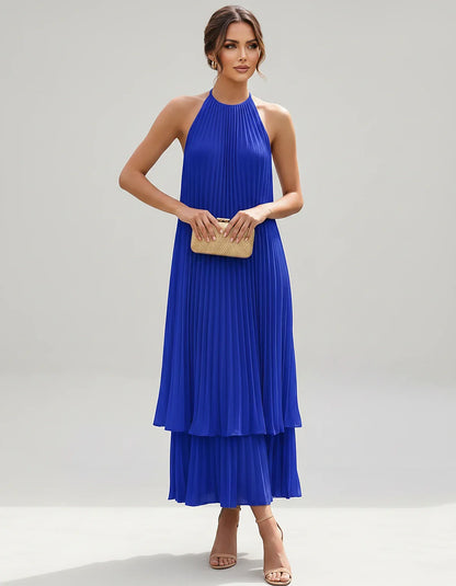 Pleated Chiffon Sleeveless Halter Neck A-Line Midi Dress for Party, Cocktail, Evening, Wedding Guest & Summer Events, front v | SKU: SMD-582746193857421-ROYALBLUE-L,SMD-582746193857421-ROYALBLUE-M,SMD-582746193857421-ROYALBLUE-S,SMD-582746193857421-ROYALBLUE-XL,SMD-582746193857421-ROYALBLUE-XS