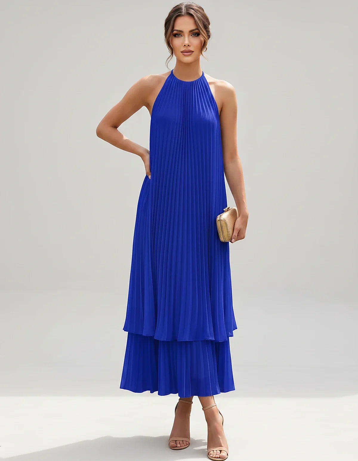Pleated Chiffon Sleeveless Halter Neck A-Line Midi Dress for Party, Cocktail, Evening, Wedding Guest & Summer Events, front v | SKU: SMD-582746193857421-ROYALBLUE-L,SMD-582746193857421-ROYALBLUE-M,SMD-582746193857421-ROYALBLUE-S,SMD-582746193857421-ROYALBLUE-XL,SMD-582746193857421-ROYALBLUE-XS