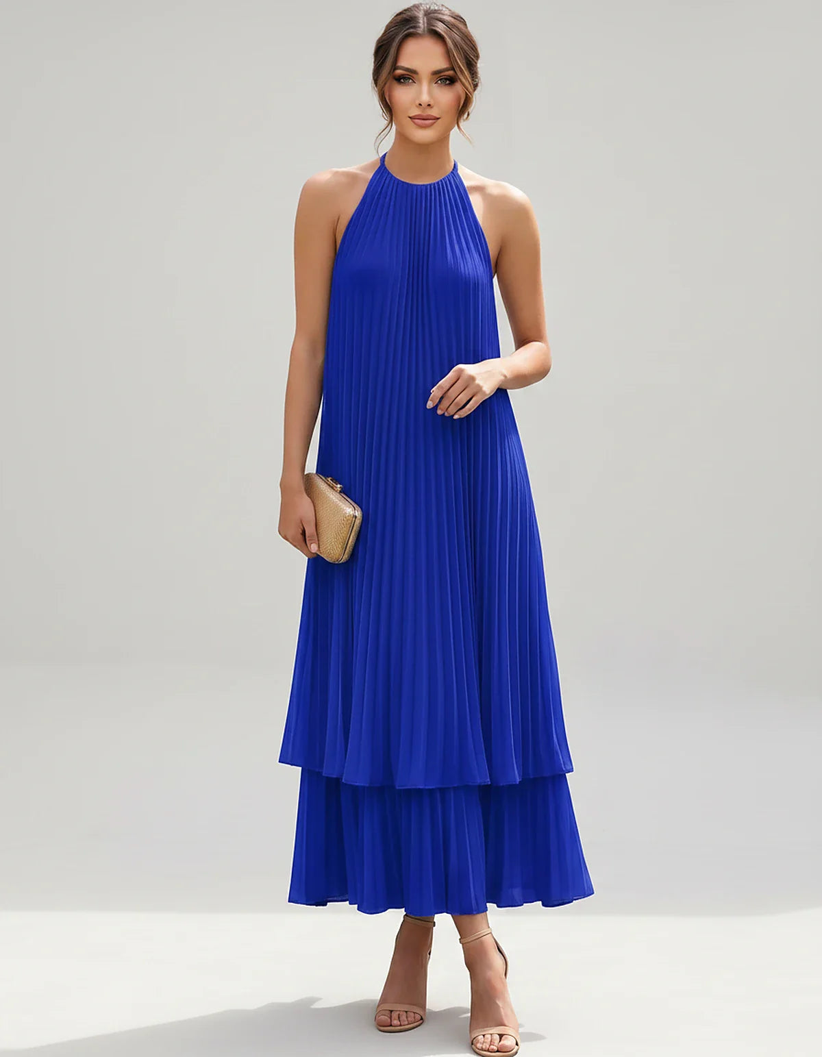 Pleated Chiffon Sleeveless Halter Neck A-Line Midi Dress for Party, Cocktail, Evening, Wedding Guest & Summer Events, front v | SKU: SMD-582746193857421-ROYALBLUE-L,SMD-582746193857421-ROYALBLUE-M,SMD-582746193857421-ROYALBLUE-S,SMD-582746193857421-ROYALBLUE-XL,SMD-582746193857421-ROYALBLUE-XS