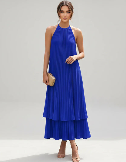 Pleated Chiffon Sleeveless Halter Neck A-Line Midi Dress for Party, Cocktail, Evening, Wedding Guest & Summer Events, front v | SKU: SMD-582746193857421-ROYALBLUE-L,SMD-582746193857421-ROYALBLUE-M,SMD-582746193857421-ROYALBLUE-S,SMD-582746193857421-ROYALBLUE-XL,SMD-582746193857421-ROYALBLUE-XS