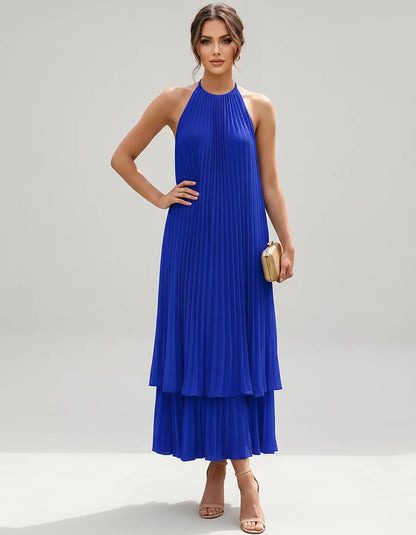 Pleated Chiffon Sleeveless Halter Neck A-Line Midi Dress for Party, Cocktail, Evening, Wedding Guest & Summer Events, front v | SKU: SMD-582746193857421-ROYALBLUE-L,SMD-582746193857421-ROYALBLUE-M,SMD-582746193857421-ROYALBLUE-S,SMD-582746193857421-ROYALBLUE-XL,SMD-582746193857421-ROYALBLUE-XS