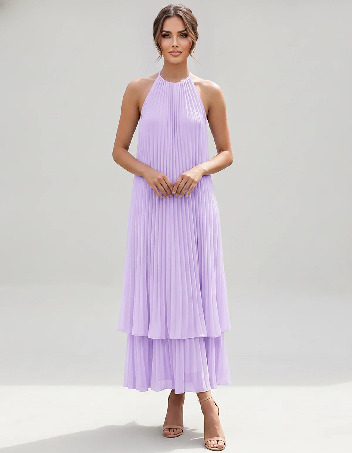 Pleated Chiffon Sleeveless Halter Neck A-Line Midi Dress for Party, Cocktail, Evening, Wedding Guest & Summer Events, front v | SKU: SMD-582746193857421-LILAC-L,SMD-582746193857421-LILAC-M,SMD-582746193857421-LILAC-S,SMD-582746193857421-LILAC-XL,SMD-582746193857421-LILAC-XS