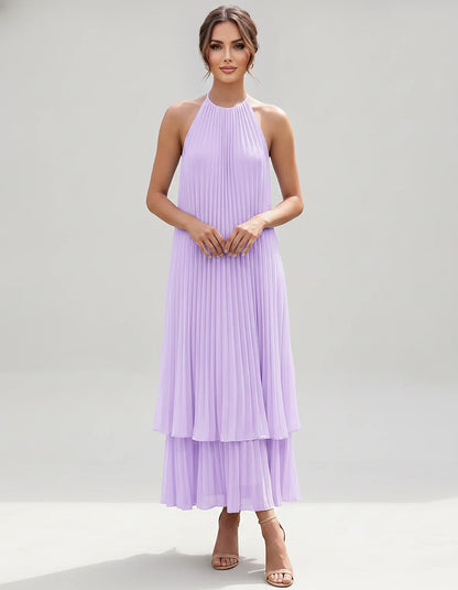 Pleated Chiffon Sleeveless Halter Neck A-Line Midi Dress for Party, Cocktail, Evening, Wedding Guest & Summer Events, front v | SKU: SMD-582746193857421-LILAC-L,SMD-582746193857421-LILAC-M,SMD-582746193857421-LILAC-S,SMD-582746193857421-LILAC-XL,SMD-582746193857421-LILAC-XS