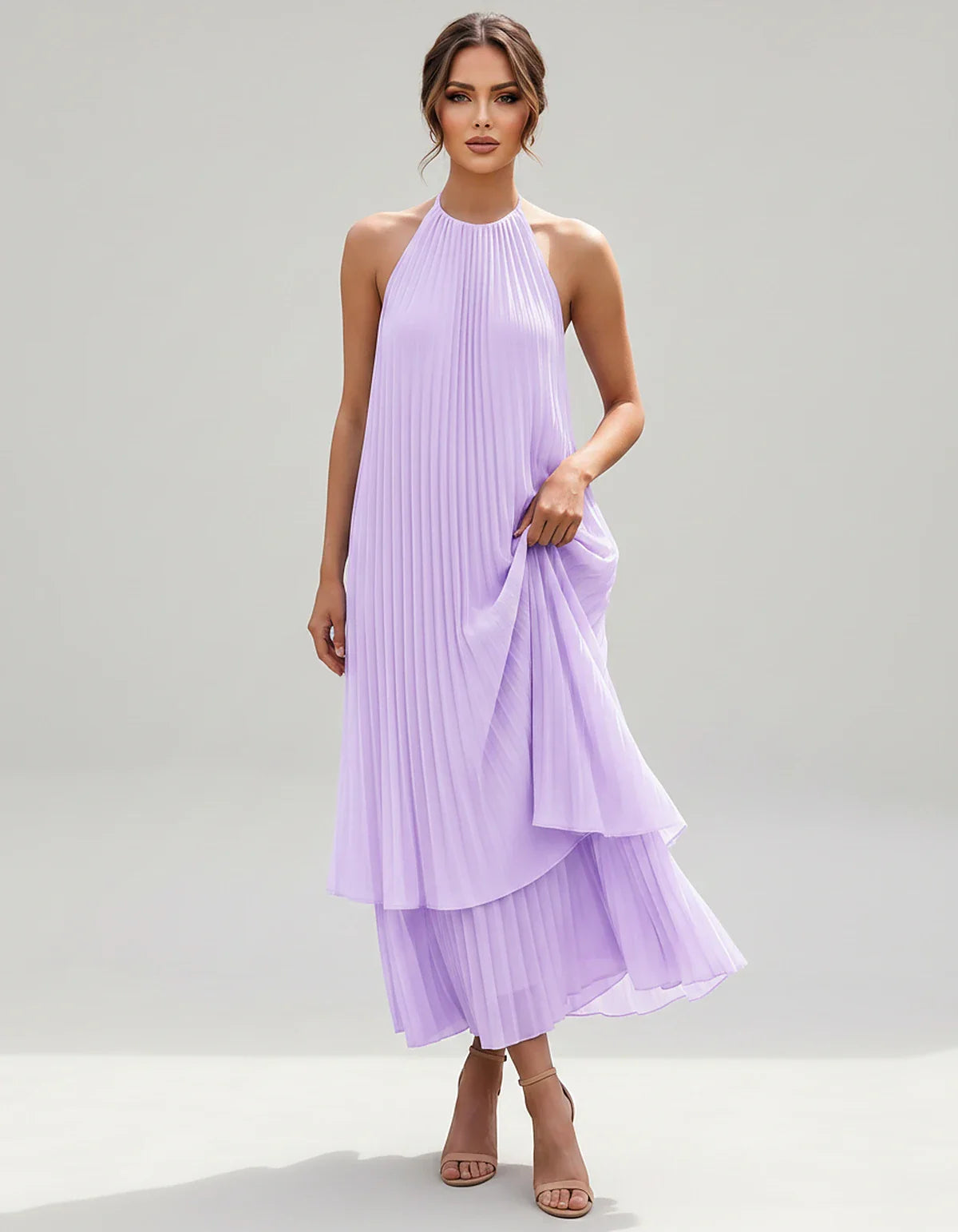 Pleated Chiffon Sleeveless Halter Neck A-Line Midi Dress for Party, Cocktail, Evening, Wedding Guest & Summer Events, front v | SKU: SMD-582746193857421-LILAC-L,SMD-582746193857421-LILAC-M,SMD-582746193857421-LILAC-S,SMD-582746193857421-LILAC-XL,SMD-582746193857421-LILAC-XS