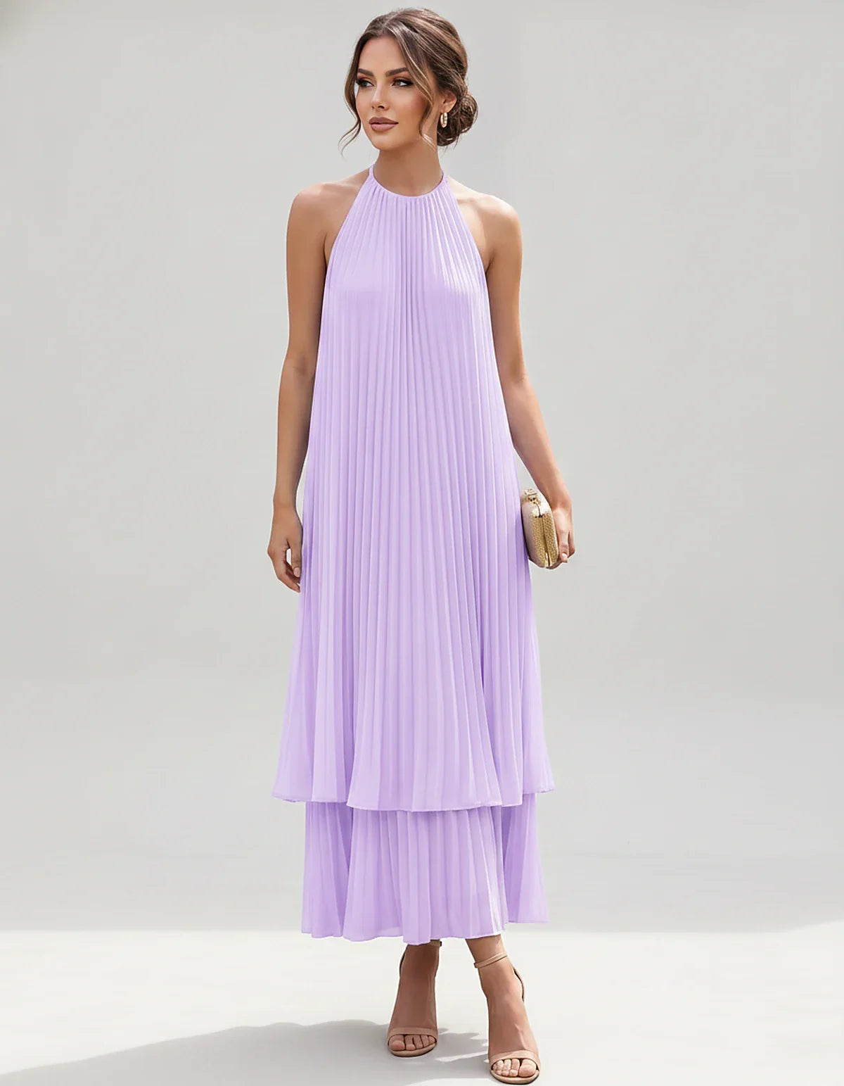 Pleated Chiffon Sleeveless Halter Neck A-Line Midi Dress for Party, Cocktail, Evening, Wedding Guest & Summer Events, front v | SKU: SMD-582746193857421-LILAC-L,SMD-582746193857421-LILAC-M,SMD-582746193857421-LILAC-S,SMD-582746193857421-LILAC-XL,SMD-582746193857421-LILAC-XS