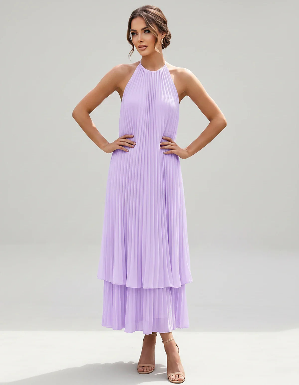 Pleated Chiffon Sleeveless Halter Neck A-Line Midi Dress for Party, Cocktail, Evening, Wedding Guest & Summer Events, front v | SKU: SMD-582746193857421-LILAC-L,SMD-582746193857421-LILAC-M,SMD-582746193857421-LILAC-S,SMD-582746193857421-LILAC-XL,SMD-582746193857421-LILAC-XS