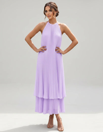 Pleated Chiffon Sleeveless Halter Neck A-Line Midi Dress for Party, Cocktail, Evening, Wedding Guest & Summer Events, front v | SKU: SMD-582746193857421-LILAC-L,SMD-582746193857421-LILAC-M,SMD-582746193857421-LILAC-S,SMD-582746193857421-LILAC-XL,SMD-582746193857421-LILAC-XS