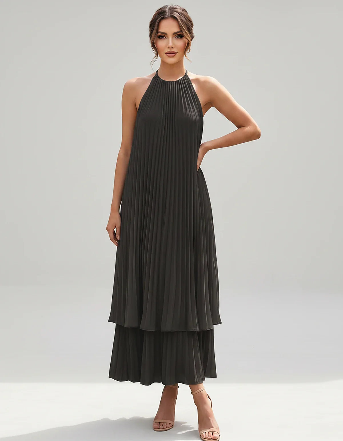 Pleated Chiffon Sleeveless Halter Neck A-Line Midi Dress for Party, Cocktail, Evening, Wedding Guest & Summer Events, front v | SKU: SMD-582746193857421-BLACK-L,SMD-582746193857421-BLACK-M,SMD-582746193857421-BLACK-S,SMD-582746193857421-BLACK-XL,SMD-582746193857421-BLACK-XS