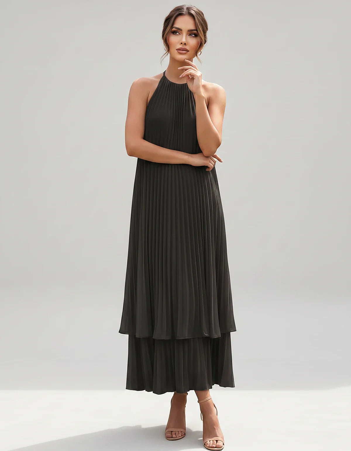 Pleated Chiffon Sleeveless Halter Neck A-Line Midi Dress for Party, Cocktail, Evening, Wedding Guest & Summer Events, front v | SKU: SMD-582746193857421-BLACK-L,SMD-582746193857421-BLACK-M,SMD-582746193857421-BLACK-S,SMD-582746193857421-BLACK-XL,SMD-582746193857421-BLACK-XS
