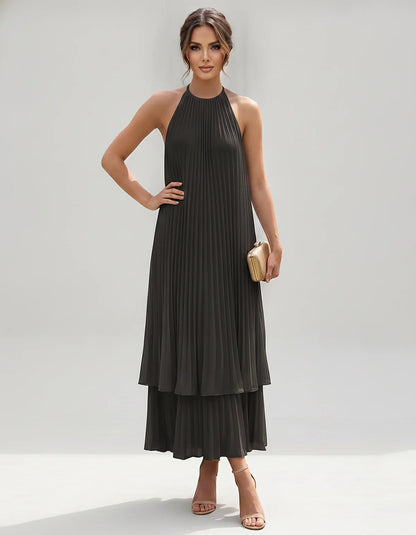 Pleated Chiffon Sleeveless Halter Neck A-Line Midi Dress for Party, Cocktail, Evening, Wedding Guest & Summer Events, front v | SKU: SMD-582746193857421-BLACK-L,SMD-582746193857421-BLACK-M,SMD-582746193857421-BLACK-S,SMD-582746193857421-BLACK-XL,SMD-582746193857421-BLACK-XS