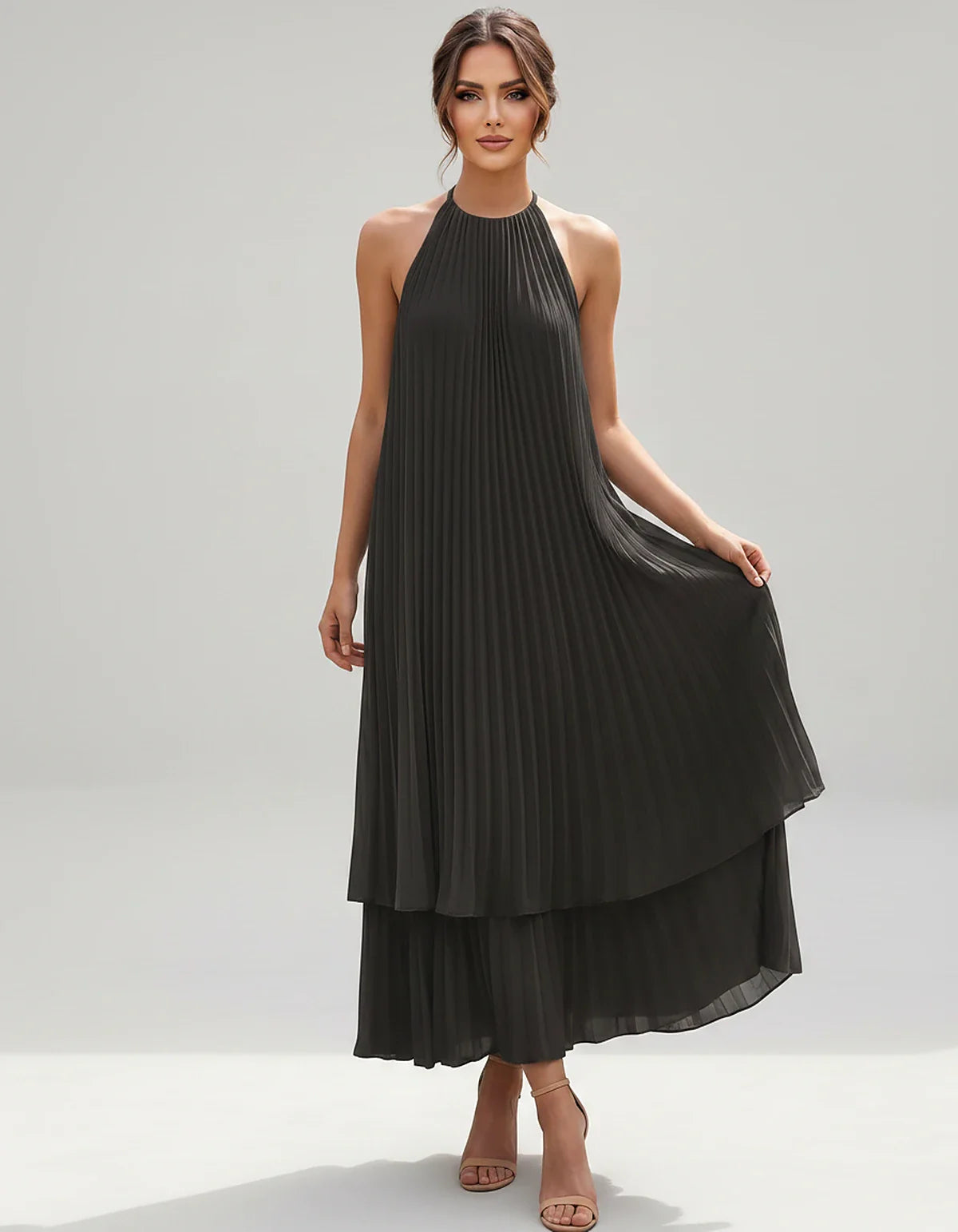 Pleated Chiffon Sleeveless Halter Neck A-Line Midi Dress for Party, Cocktail, Evening, Wedding Guest & Summer Events, front v | SKU: SMD-582746193857421-BLACK-L,SMD-582746193857421-BLACK-M,SMD-582746193857421-BLACK-S,SMD-582746193857421-BLACK-XL,SMD-582746193857421-BLACK-XS