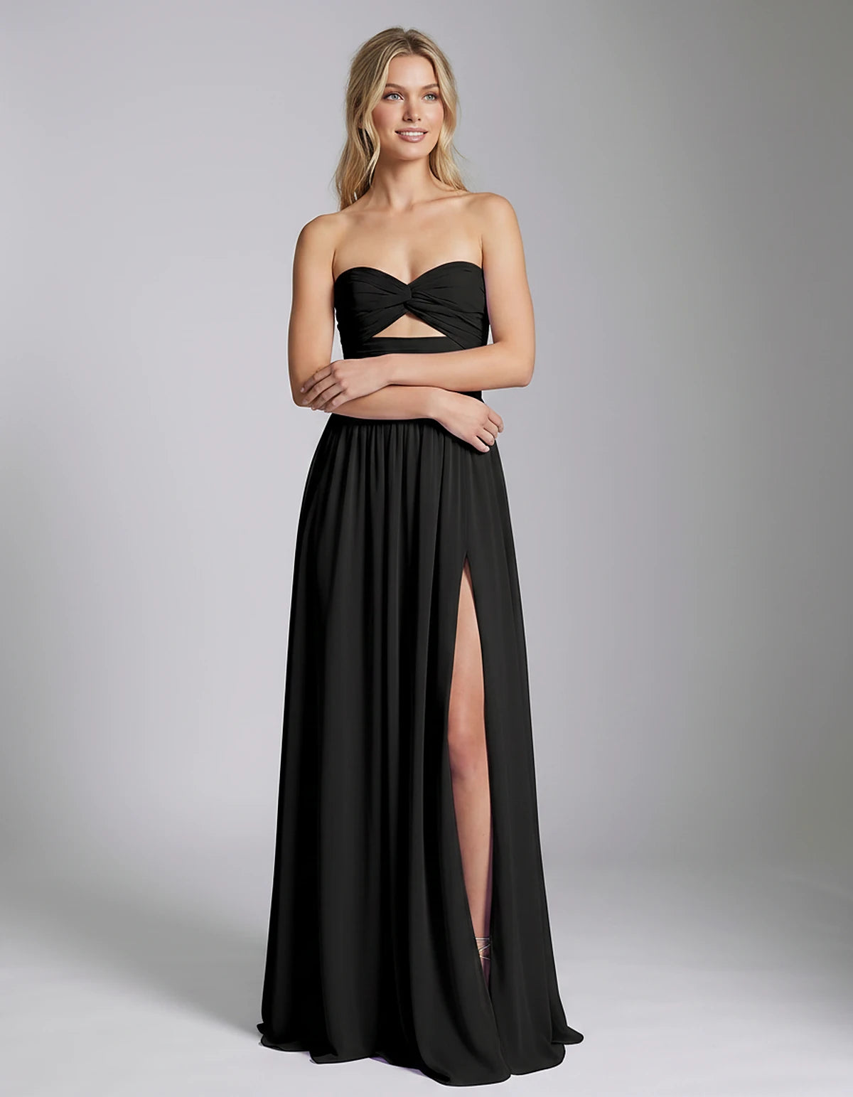 Chiffon Strapless Sweetheart A-Line Maxi Dress with High Slit for Party, Cocktail, Evening, Wedding Guest & Summer Events, fr