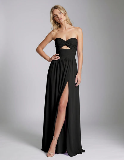 Chiffon Strapless Sweetheart A-Line Maxi Dress with High Slit for Party, Cocktail, Evening, Wedding Guest & Summer Events, fr