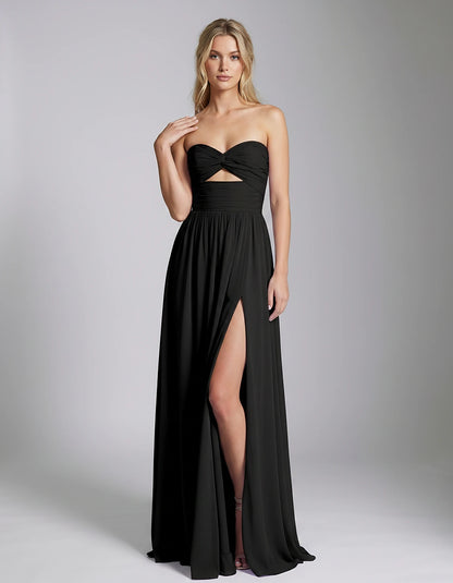 Chiffon Strapless Sweetheart A-Line Maxi Dress with High Slit for Party, Cocktail, Evening, Wedding Guest & Summer Events, fr
