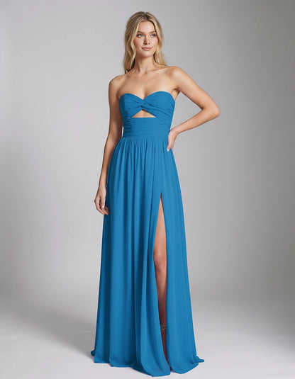 Chiffon Strapless Sweetheart A-Line Maxi Dress with High Slit for Party, Cocktail, Evening, Wedding Guest & Summer Events, fr
