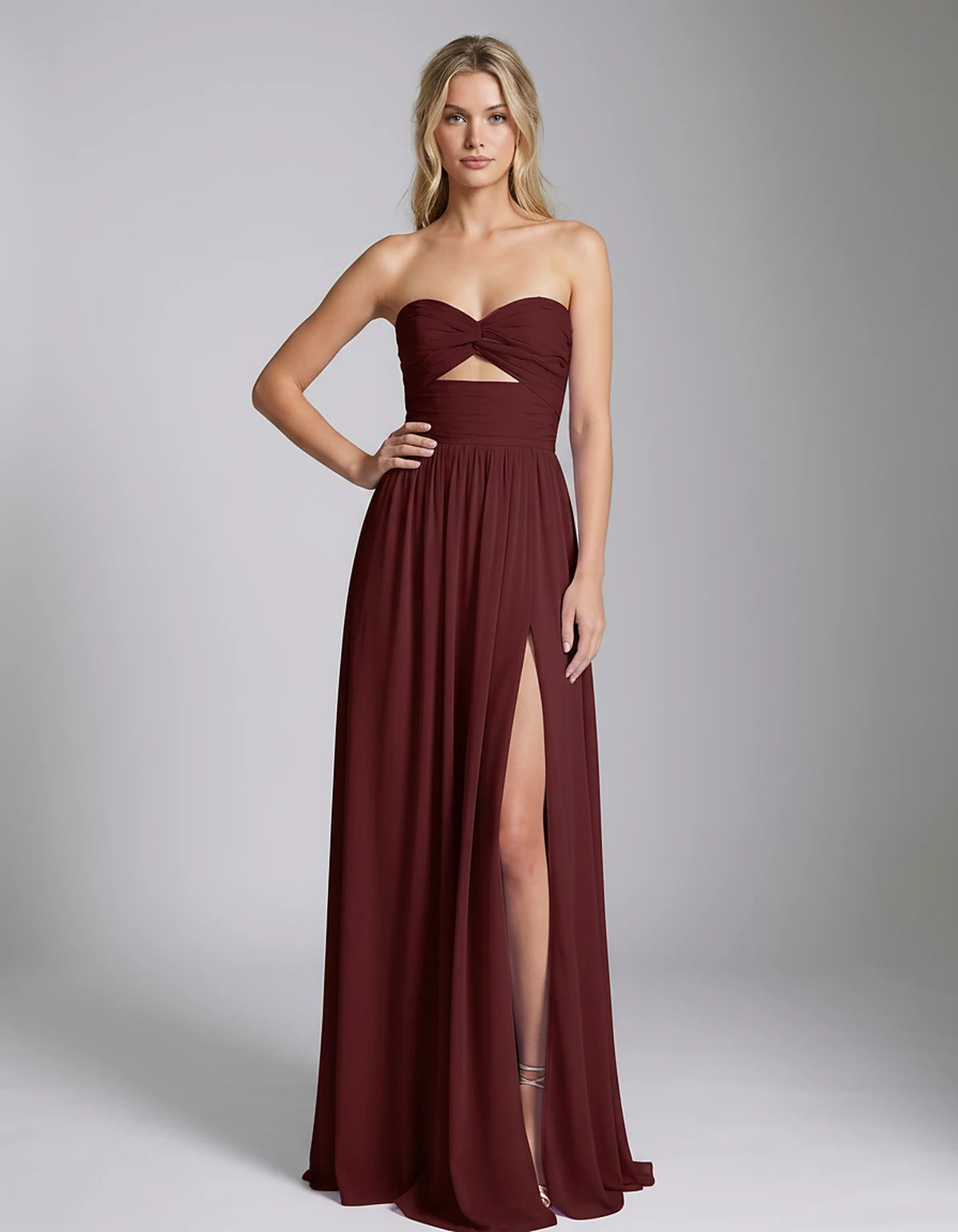Chiffon Strapless Sweetheart A-Line Maxi Dress with High Slit for Party, Cocktail, Evening, Wedding Guest & Summer Events, fr