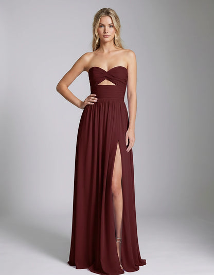 Chiffon Strapless Sweetheart A-Line Maxi Dress with High Slit for Party, Cocktail, Evening, Wedding Guest & Summer Events, fr