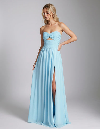 Chiffon Strapless Sweetheart A-Line Maxi Dress with High Slit for Party, Cocktail, Evening, Wedding Guest & Summer Events, fr