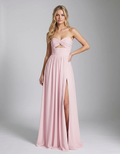 Chiffon Strapless Sweetheart A-Line Maxi Dress with High Slit for Party, Cocktail, Evening, Wedding Guest & Summer Events, fr