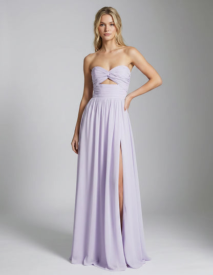 Chiffon Strapless Sweetheart A-Line Maxi Dress with High Slit for Party, Cocktail, Evening, Wedding Guest & Summer Events, fr