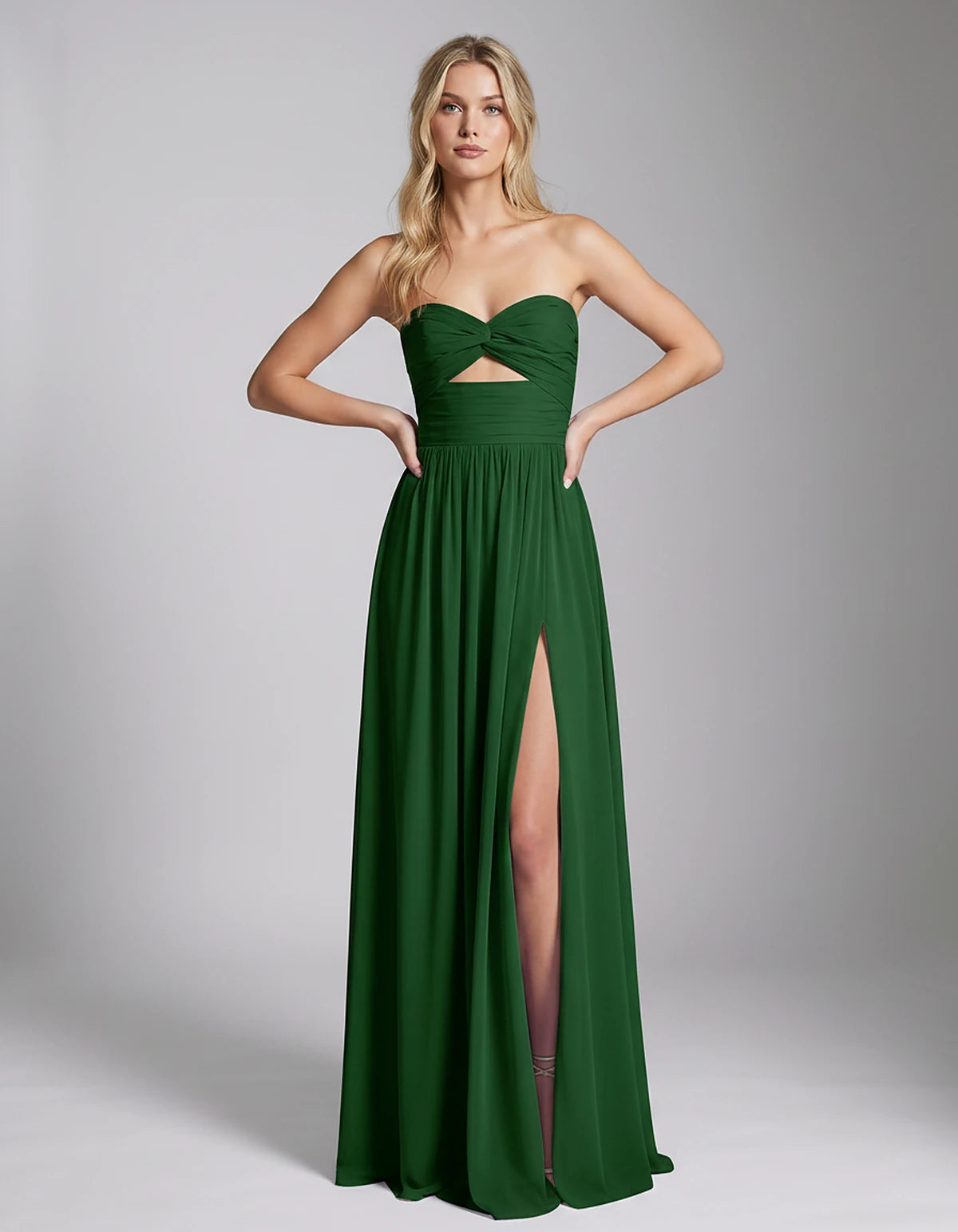 Chiffon Strapless Sweetheart A-Line Maxi Dress with High Slit for Party, Cocktail, Evening, Wedding Guest & Summer Events, fr