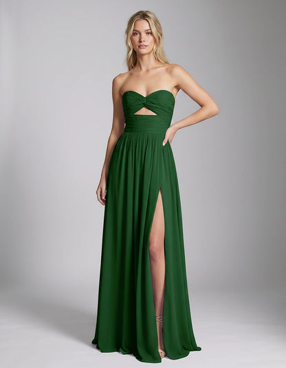 Chiffon Strapless Sweetheart A-Line Maxi Dress with High Slit for Party, Cocktail, Evening, Wedding Guest & Summer Events, fr