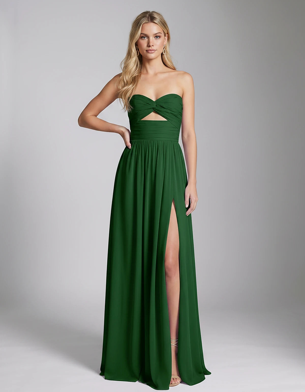 Chiffon Strapless Sweetheart A-Line Maxi Dress with High Slit for Party, Cocktail, Evening, Wedding Guest & Summer Events, fr