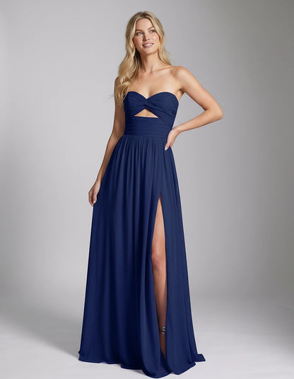Chiffon Strapless Sweetheart A-Line Maxi Dress with High Slit for Party, Cocktail, Evening, Wedding Guest & Summer Events, fr