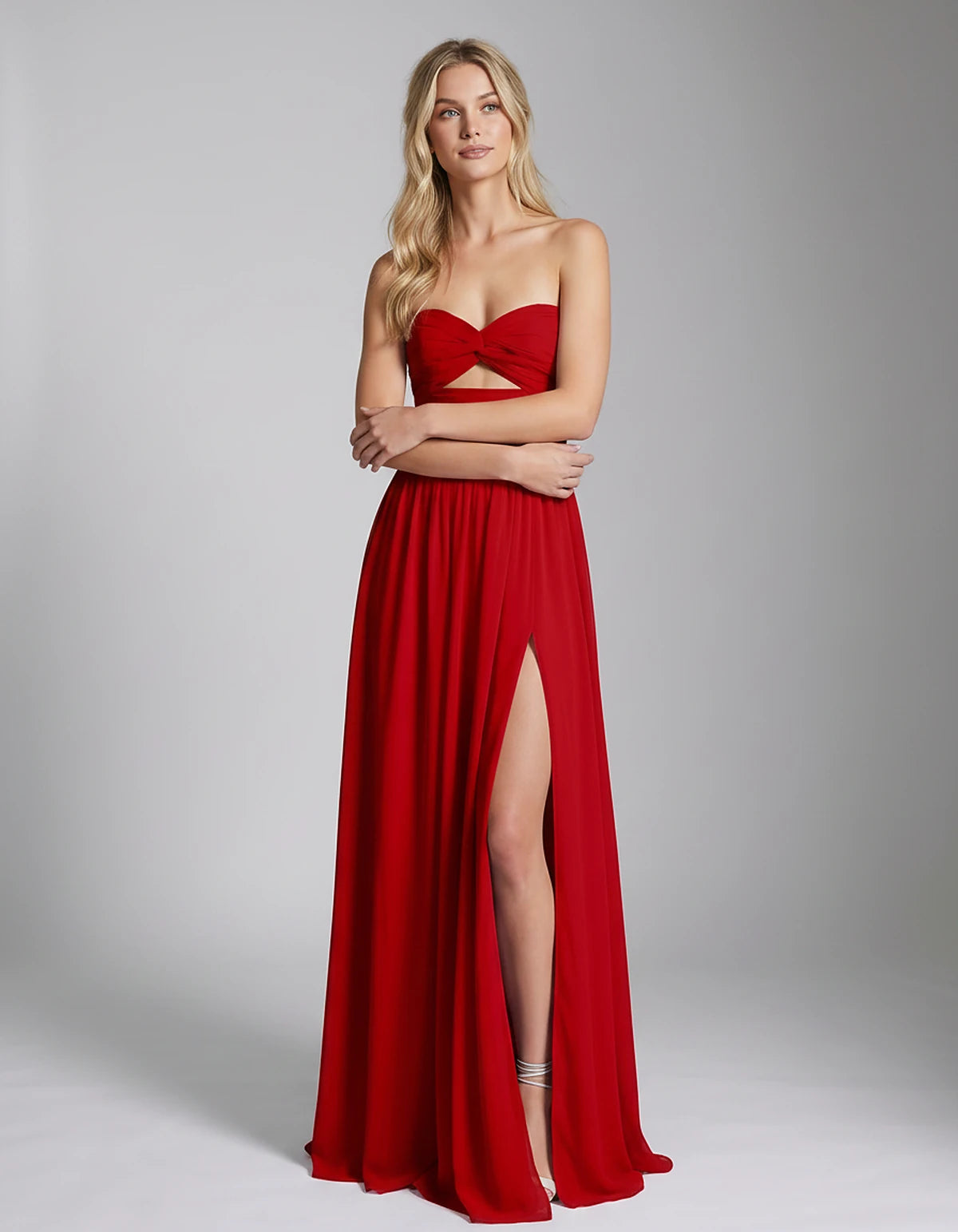 Chiffon Strapless Sweetheart A-Line Maxi Dress with High Slit for Party, Cocktail, Evening, Wedding Guest & Summer Events, fr