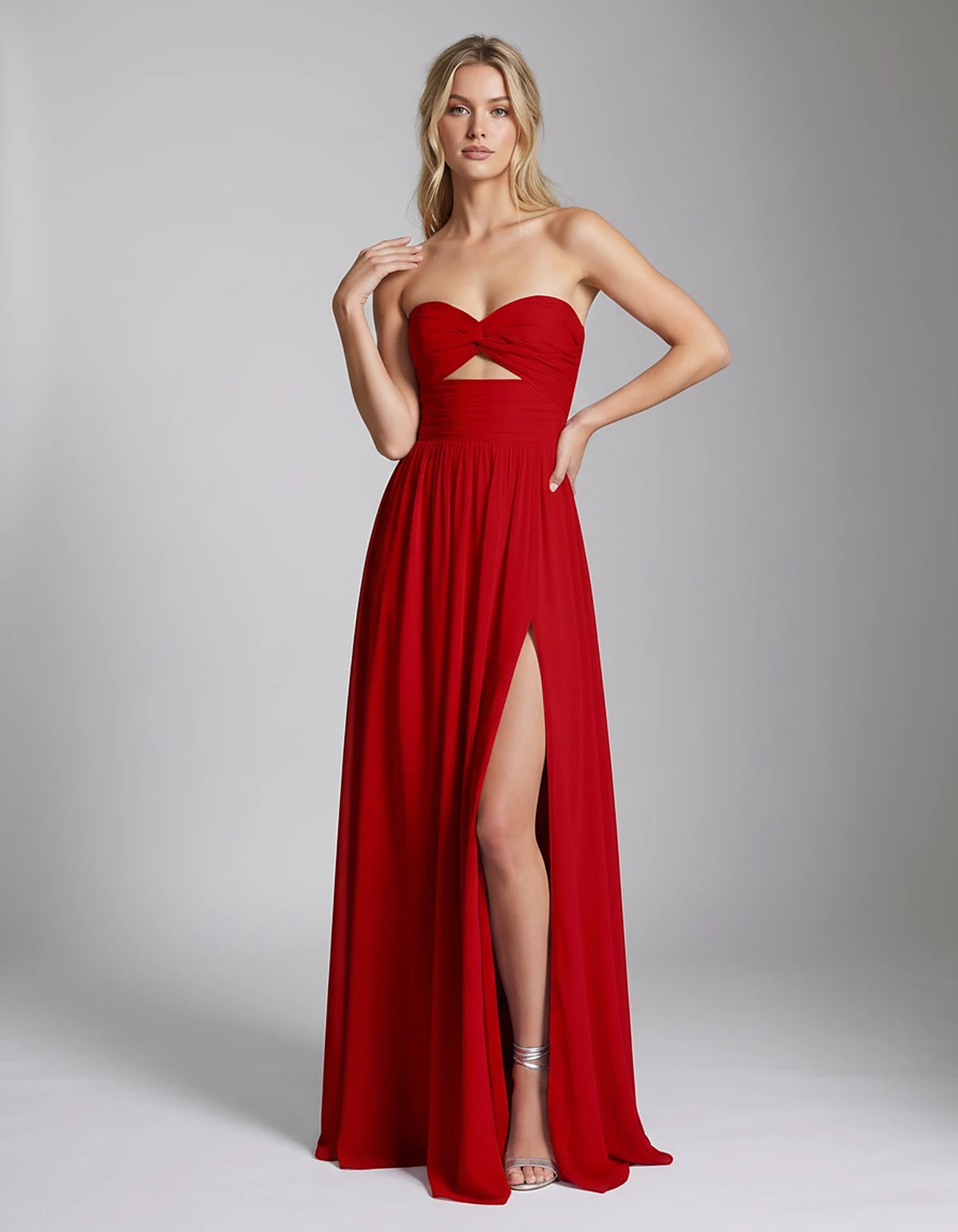 Chiffon Strapless Sweetheart A-Line Maxi Dress with High Slit for Party, Cocktail, Evening, Wedding Guest & Summer Events, fr