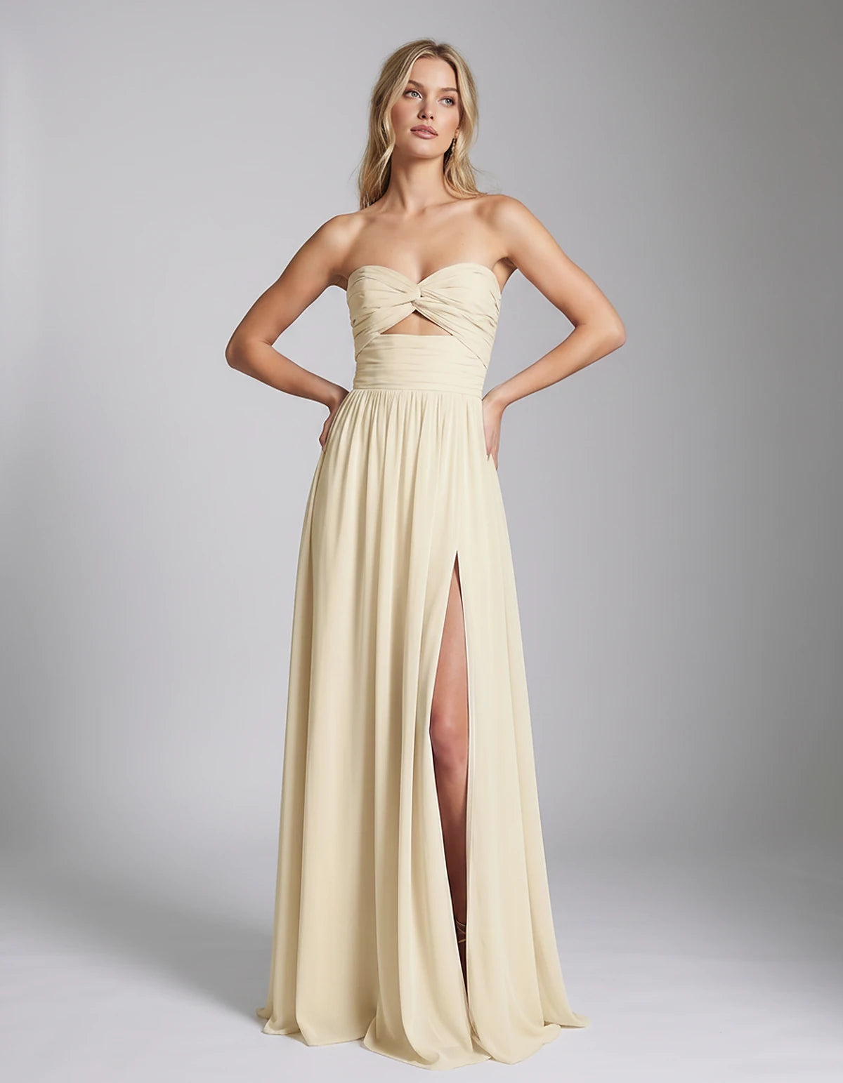 Chiffon Strapless Sweetheart A-Line Maxi Dress with High Slit for Party, Cocktail, Evening, Wedding Guest & Summer Events, fr